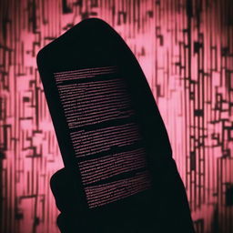 A mobile phone with a cracked screen displaying lines of code and a warning message indicating it has been hacked