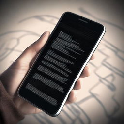 A mobile phone with a cracked screen displaying lines of code and a warning message indicating it has been hacked