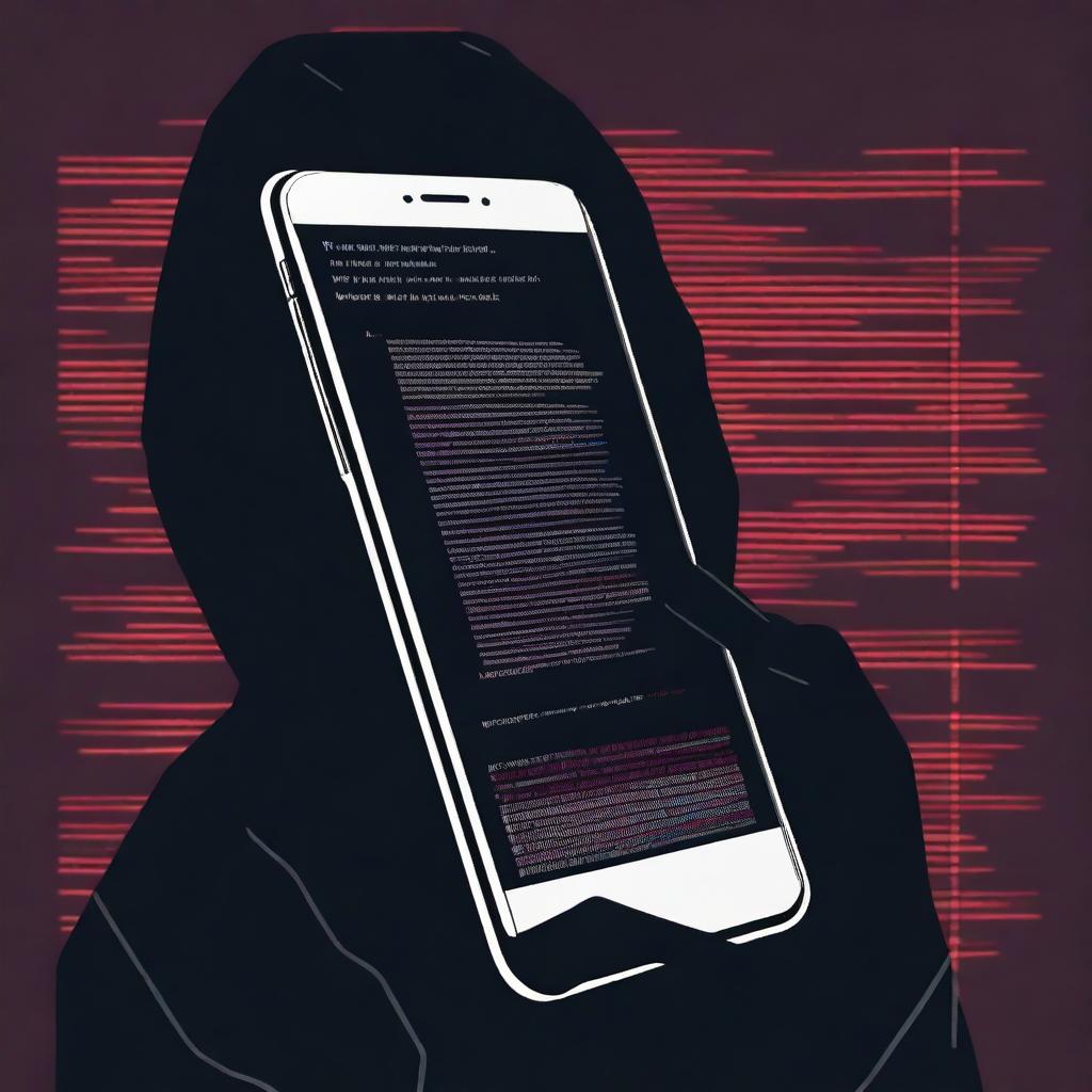 A mobile phone with a cracked screen displaying lines of code and a warning message indicating it has been hacked