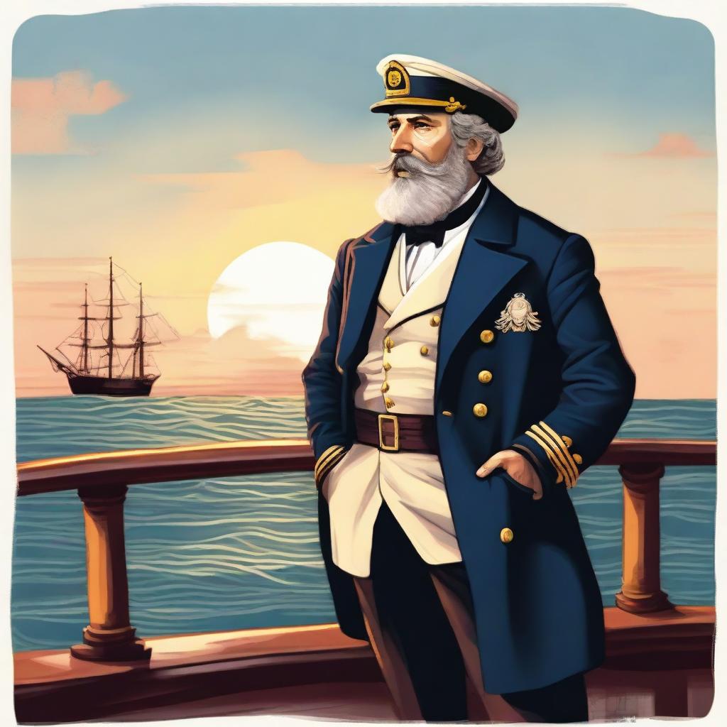 A detailed illustration of a sea captain standing on the deck of a ship, with the ocean and a sunset in the background