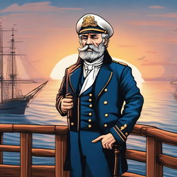 A detailed illustration of a sea captain standing on the deck of a ship, with the ocean and a sunset in the background