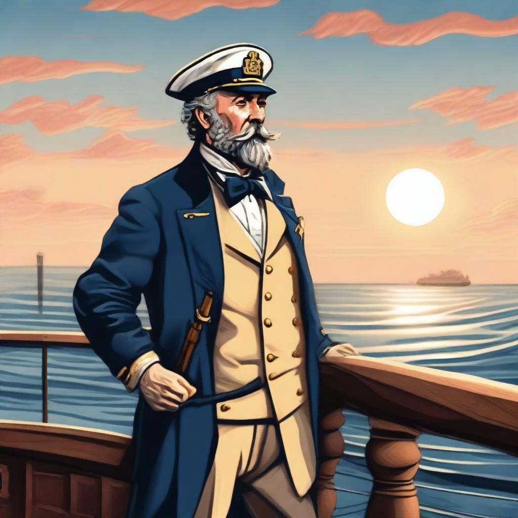 A detailed illustration of a sea captain standing on the deck of a ship, with the ocean and a sunset in the background