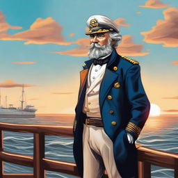 A detailed illustration of a sea captain standing on the deck of a ship, with the ocean and a sunset in the background