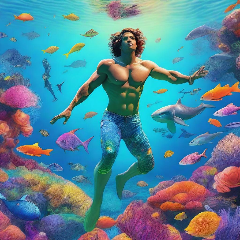 A fantastical scene of a man transforming into a merman, swimming underwater and rescuing marine animals