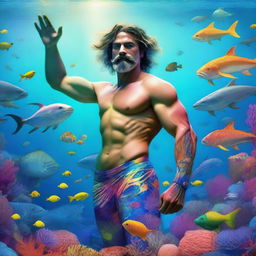 A fantastical scene of a man transforming into a merman, swimming underwater and rescuing marine animals