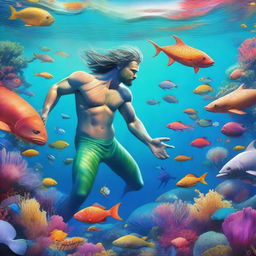 A fantastical scene of a man transforming into a merman, swimming underwater and rescuing marine animals