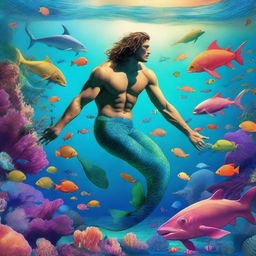 A fantastical scene of a man transforming into a merman, swimming underwater and rescuing marine animals