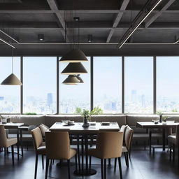 A stylish and modern restaurant with minimalistic design. The dining area filled with geometrically shaped furniture, an open-concept kitchen, sleek pendant lights hanging from the ceiling, and large panoramic windows revealing a bustling cityscape.