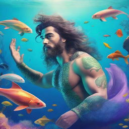 A man transforming into a merman, heroically saving sea animals