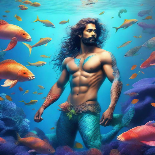 A man transforming into a merman, heroically saving sea animals