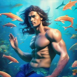 A man transforming into a merman, heroically saving sea animals