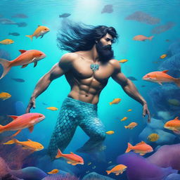 A man transforming into a merman, heroically saving sea animals