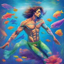 A man transforming into a merman, heroically saving sea animals in a vibrant underwater scene