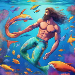 A man transforming into a merman, heroically saving sea animals in a vibrant underwater scene