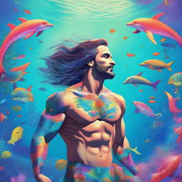 A man transforming into a merman, heroically saving sea animals in a vibrant underwater scene