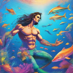 A man transforming into a merman, heroically saving sea animals in a vibrant underwater scene