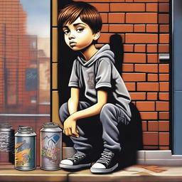 A realistic depiction of a sad boy who is a graffiti artist