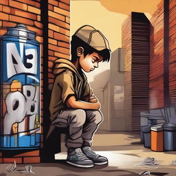 A realistic depiction of a sad boy who is a graffiti artist