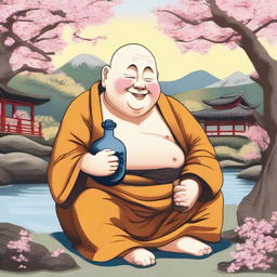 A depiction of a chubby, drunken monk with a joyful expression, sitting cross-legged with a sake bottle in hand