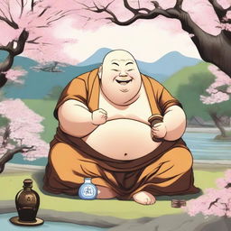 A depiction of a chubby, drunken monk with a joyful expression, sitting cross-legged with a sake bottle in hand