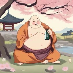 A depiction of a chubby, drunken monk with a joyful expression, sitting cross-legged with a sake bottle in hand