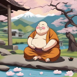 A depiction of a chubby, drunken monk with a joyful expression, sitting cross-legged with a sake bottle in hand