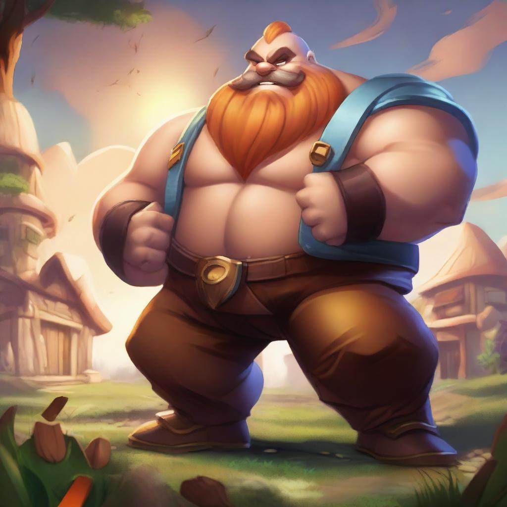 A detailed illustration of Gragas from League of Legends, showcasing his large, burly physique and iconic barrel