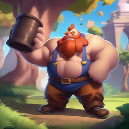 A detailed illustration of Gragas from League of Legends, showcasing his large, burly physique and iconic barrel