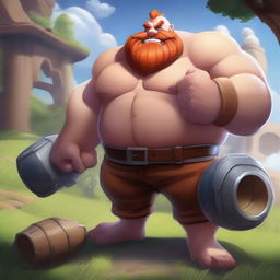 A detailed illustration of Gragas from League of Legends, showcasing his large, burly physique and iconic barrel