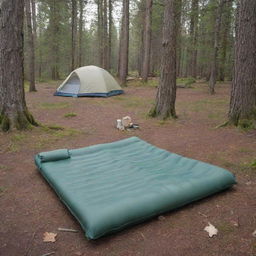 Exhibit a rectangular, single-person, foldable sleeping pad in a peaceful camping scene, showcasing its practicality and comfort for outdoor adventure.