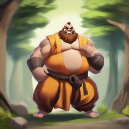 Create an image of Gragas from League of Legends dressed in traditional Shaolin monk attire