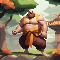 Create an image of Gragas from League of Legends dressed in traditional Shaolin monk attire