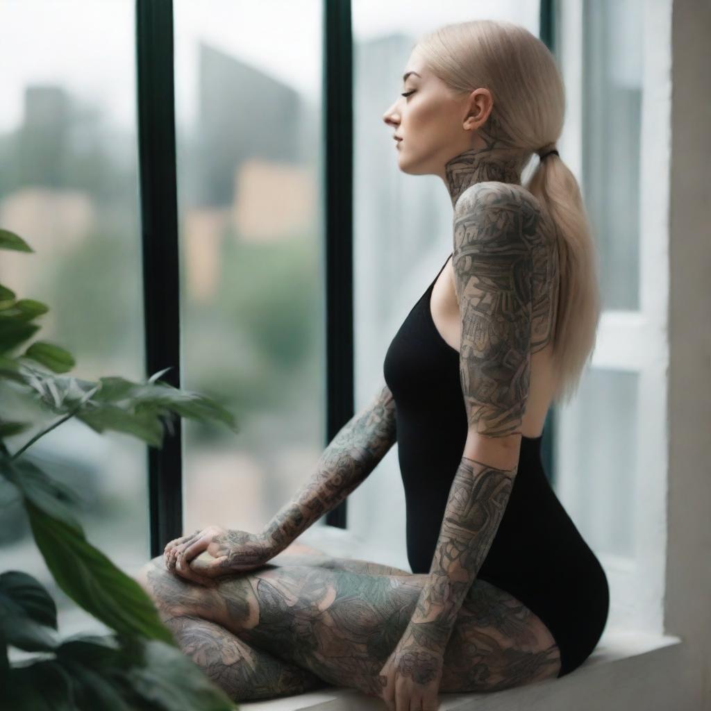 A blonde person with tattoos, wearing a black bodysuit, sitting on a window sill