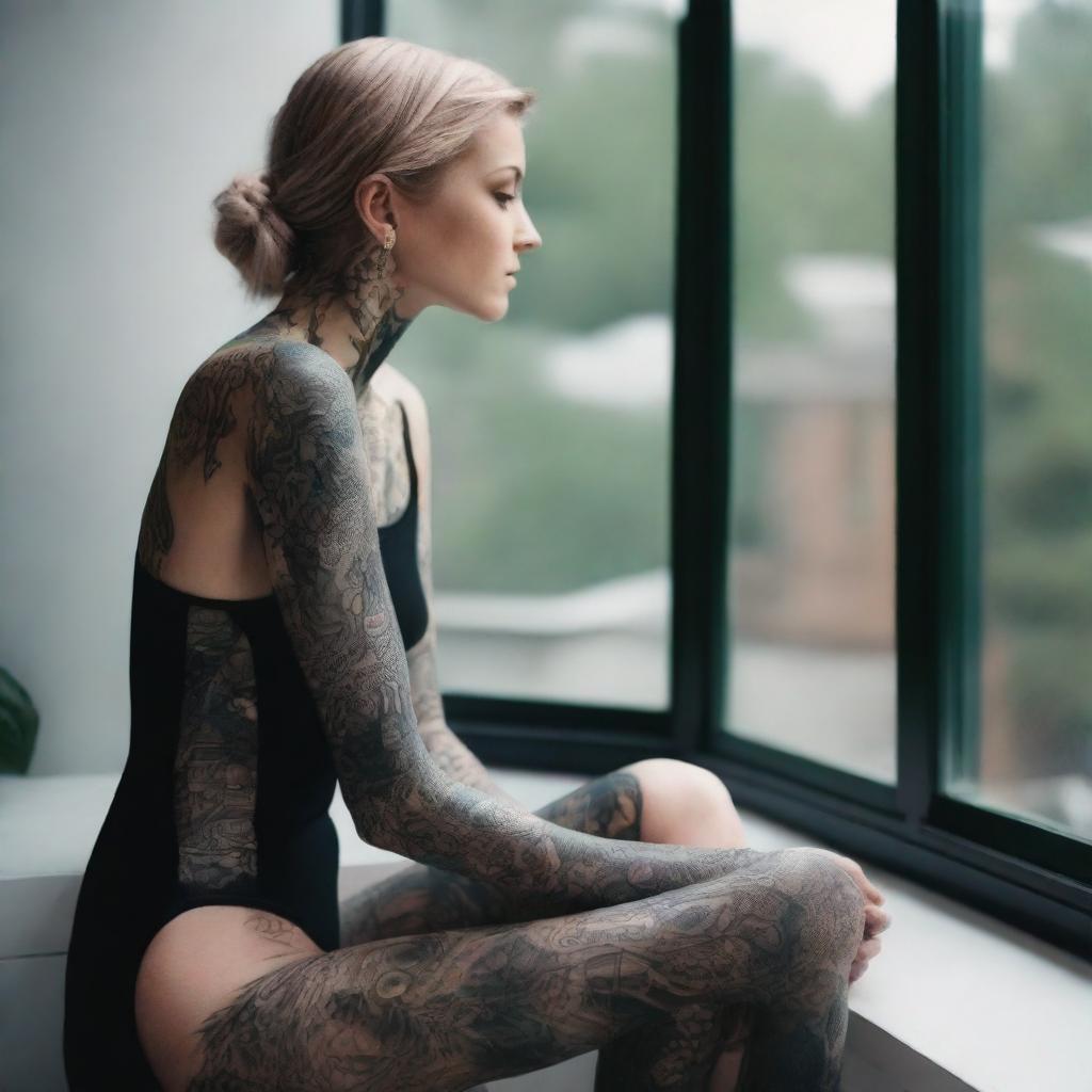 A blonde person with tattoos, wearing a black bodysuit, sitting on a window sill