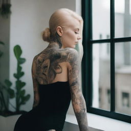 A blonde person with tattoos, wearing a black bodysuit, sitting on a window sill