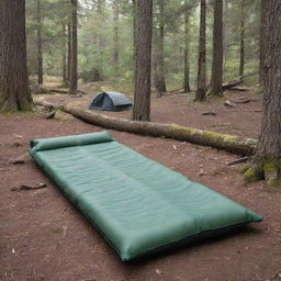 Exhibit a rectangular, single-person, foldable sleeping pad in a peaceful camping scene, showcasing its practicality and comfort for outdoor adventure.