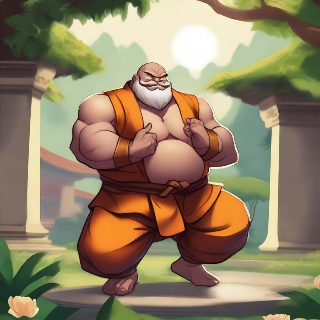 A detailed illustration of Gragas from League of Legends dressed in traditional Shaolin monk attire