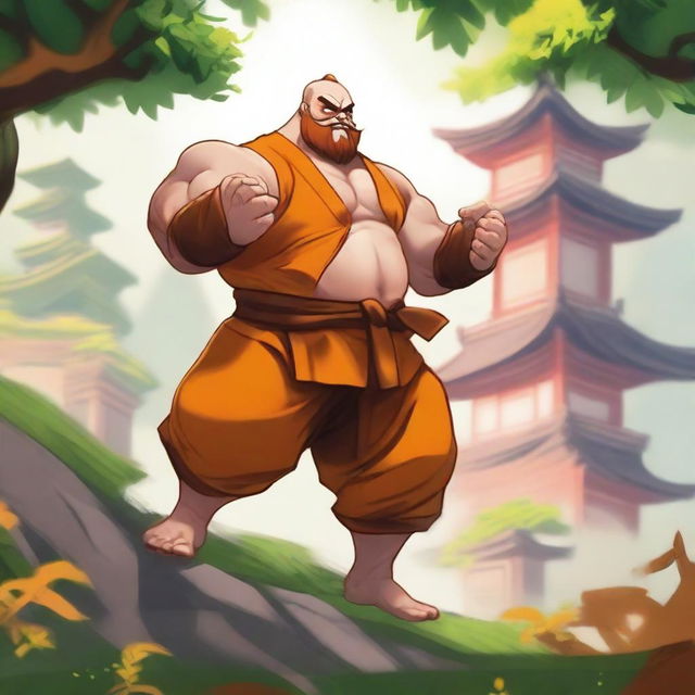 A detailed illustration of Gragas from League of Legends dressed in traditional Shaolin monk attire