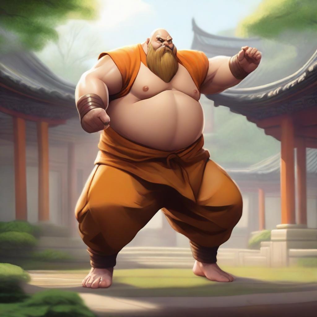 Gragas from League of Legends dressed as a Shaolin monk, standing in a traditional Shaolin temple courtyard