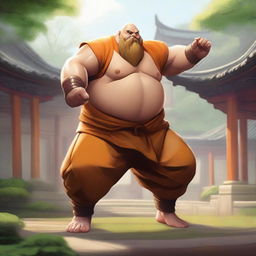 Gragas from League of Legends dressed as a Shaolin monk, standing in a traditional Shaolin temple courtyard