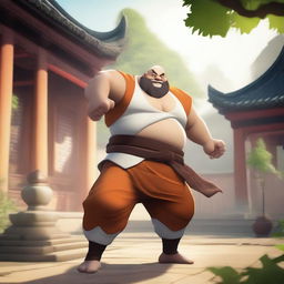 Gragas from League of Legends dressed as a Shaolin monk, standing in a traditional Shaolin temple courtyard