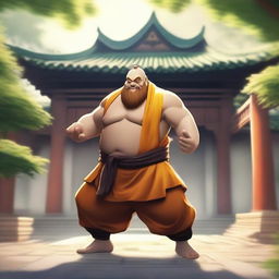 Gragas from League of Legends dressed as a Shaolin monk, standing in a traditional Shaolin temple courtyard