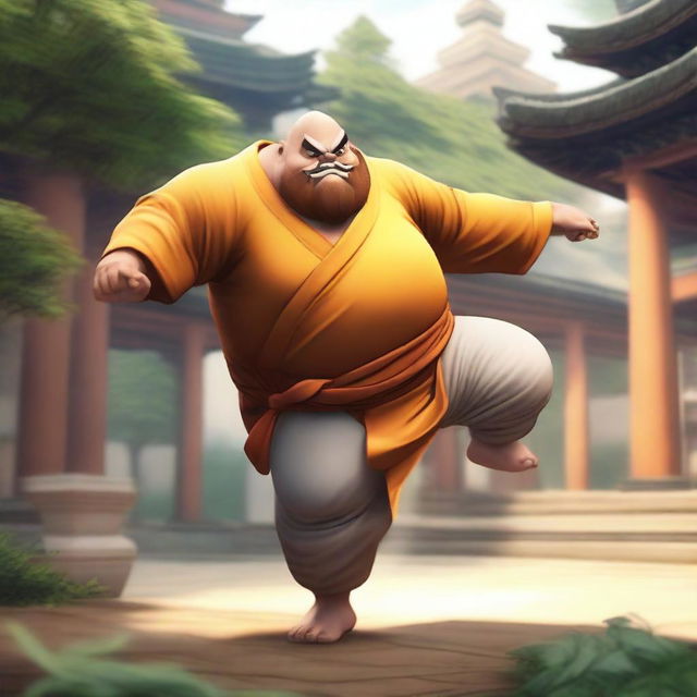 Gragas from League of Legends dressed as a Shaolin monk, standing in a traditional Shaolin temple courtyard