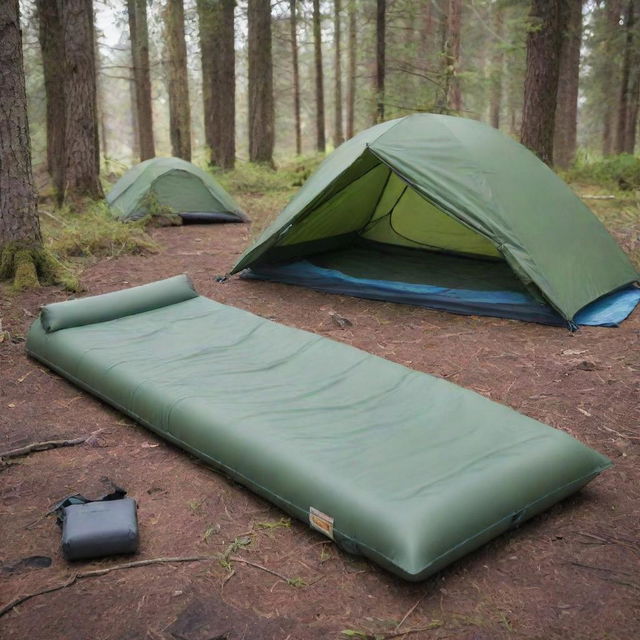 Exhibit a rectangular, single-person, foldable sleeping pad in a peaceful camping scene, showcasing its practicality and comfort for outdoor adventure.