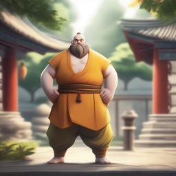 Gragas from League of Legends dressed as a Shaolin monk, standing in a peaceful temple courtyard with traditional Chinese architecture and lush greenery