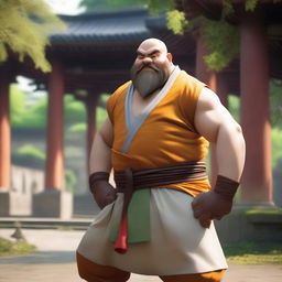 Gragas from League of Legends dressed as a Shaolin monk, standing in a peaceful temple courtyard with traditional Chinese architecture and lush greenery