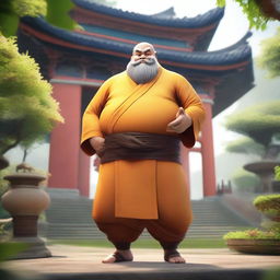 Gragas from League of Legends dressed as a Shaolin monk, standing in a peaceful temple courtyard with traditional Chinese architecture and lush greenery