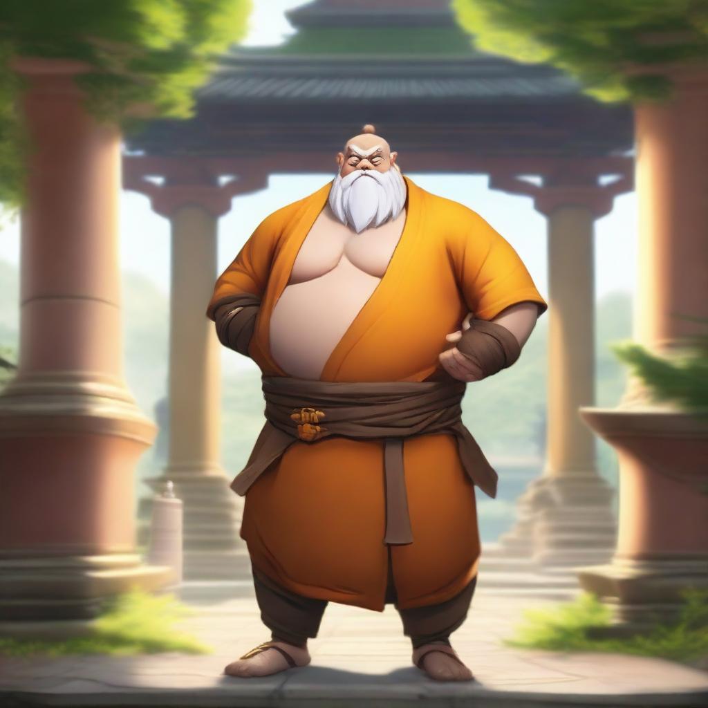 Gragas from League of Legends dressed as a Shaolin monk, standing in a peaceful temple courtyard with traditional Chinese architecture and lush greenery