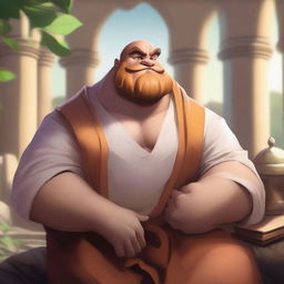 A detailed illustration of Gragas from League of Legends, depicted as a monk