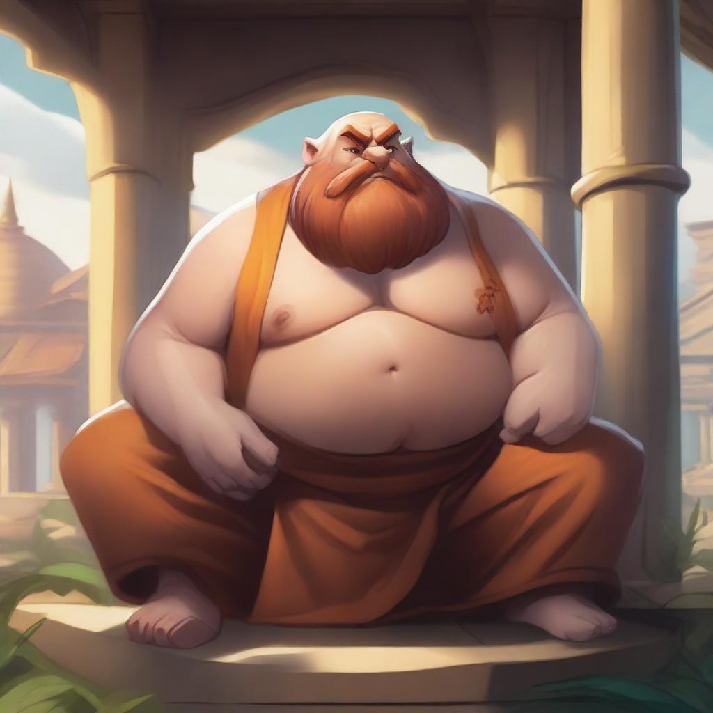 A detailed illustration of Gragas from League of Legends, depicted as a monk